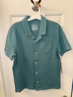 Cat & Jack Teal Short-Sleeve Waffle Knit Button-Front Shirt